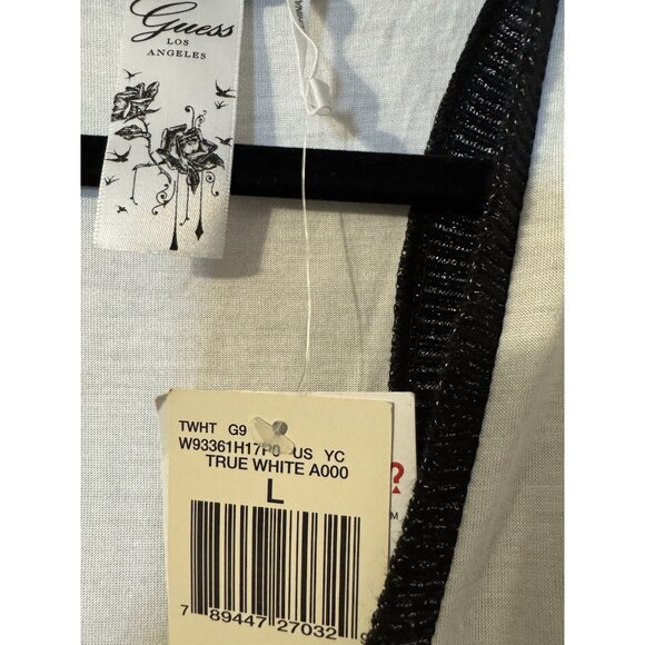 Guess LA Tank Top L Large White Black Silver Trim Ruffle Racerback NEW NWT - Picture 11 of 13